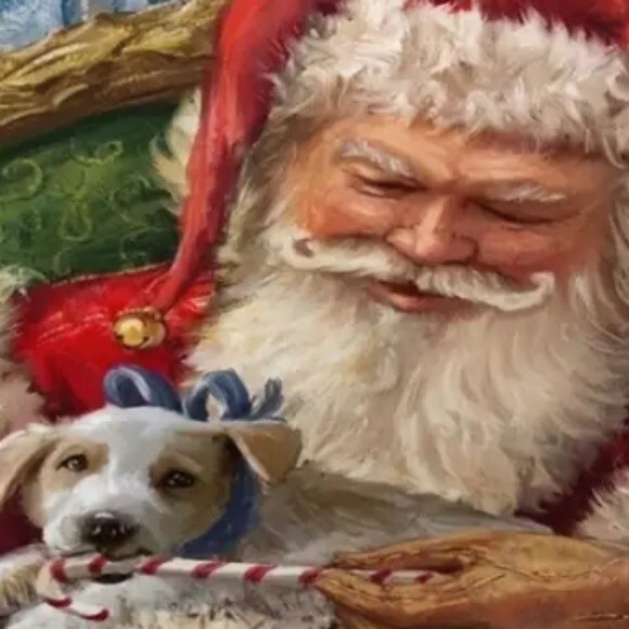 NEW SANTA CLAUS CHRISTMAS PUPPY DOG RETRO LOOK POLYESTER PILLOW COVER 18" DECOR - Picture 3 of 3